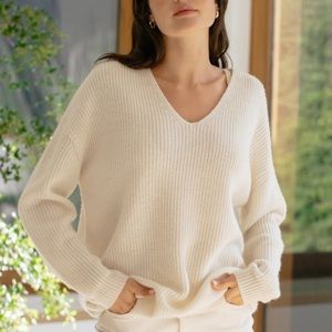Jenni Kayne Cabin Wool Cashmere Ribbed Knit V Neck Pullover Sweater Ivory M